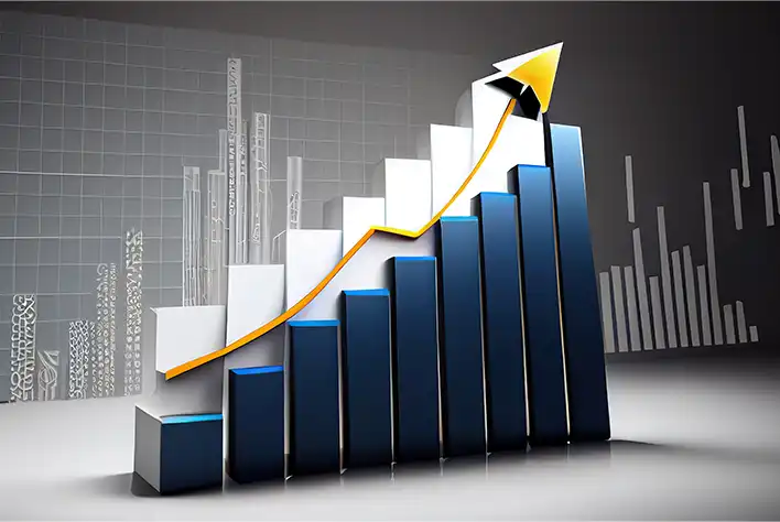 The picture is a business style background where projections of growth are charted on a dual bar graph (with a third bar graph seen in the further behind the front two in the background).